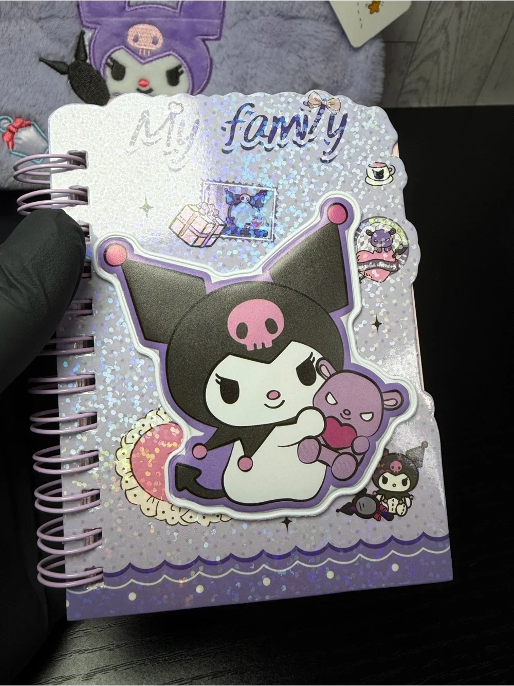 Lilac Plush Kids Kuromi Embroidered Handbag With Kute Kuromi Notepad
